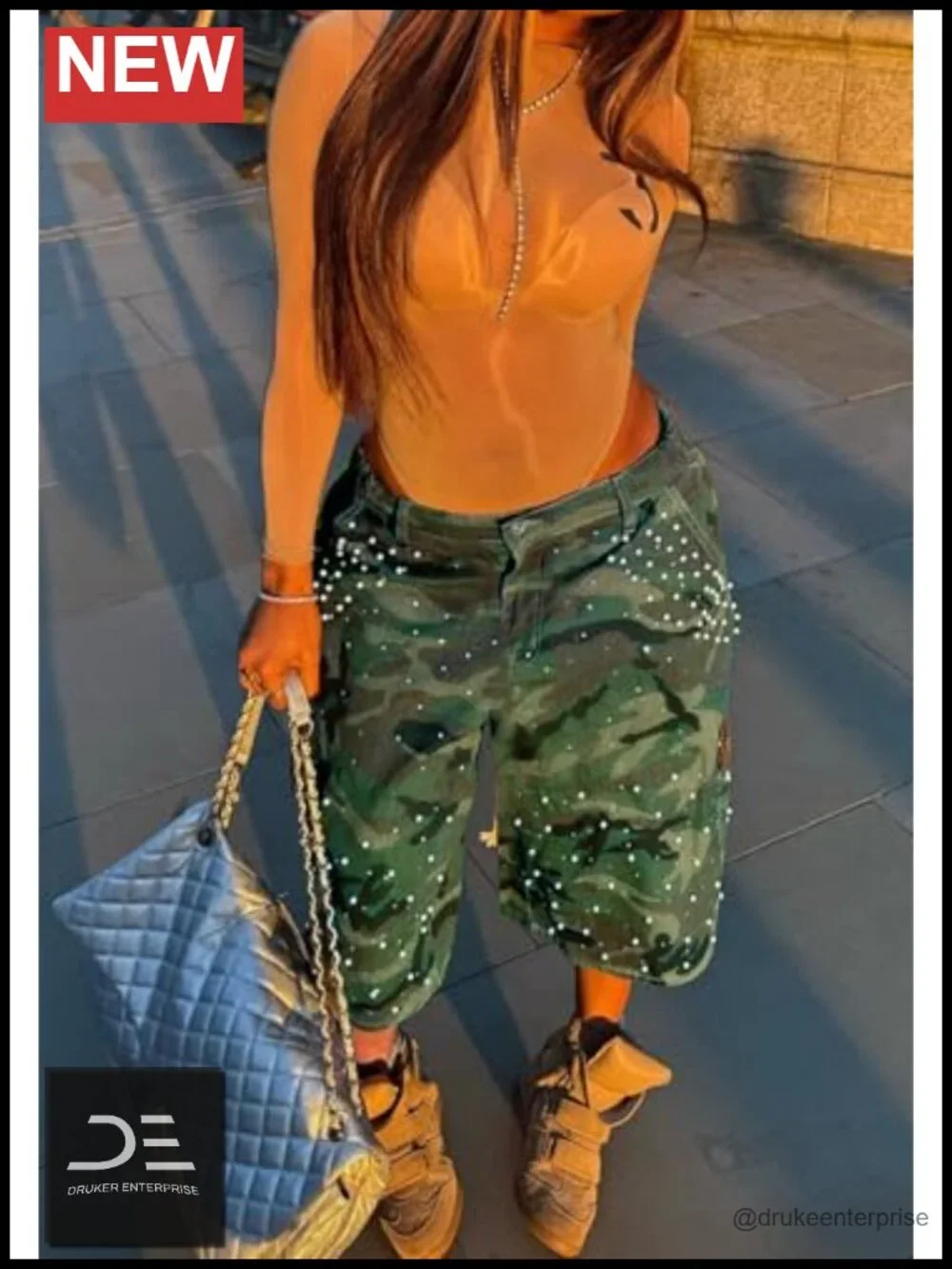 Vakkest Women Camo Bermuda Cargo Shorts Pearl Rhinestone Long Jean Jorts